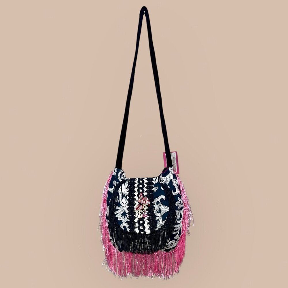 Black & Pink Eclectic Handmade Upcycled Boho Fringed Crossbody Bag - Picture 4 of 9